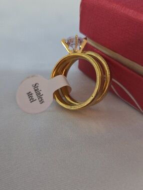 316L Stainless Steel Gold Tone Wedding Ring Set 2PCS for Women CZ Solitaire